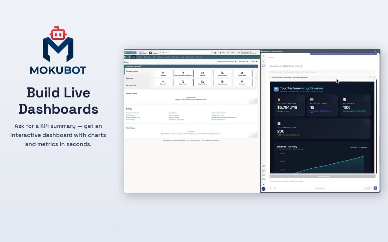 MokuBot building a revenue dashboard inside NetSuite
